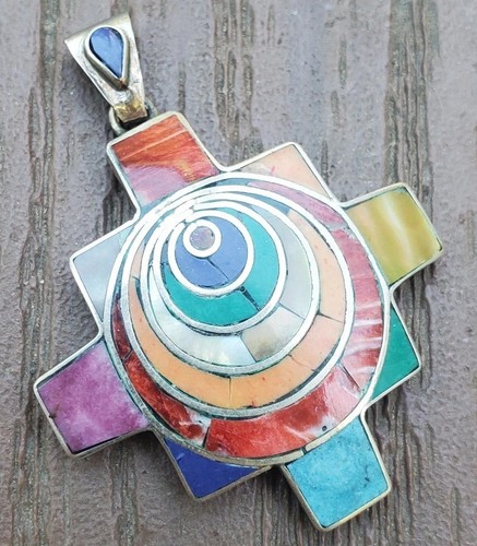 Sterling SILVER Peruvian Shell Stone Chakana Rainbow Necklace Pendant ...