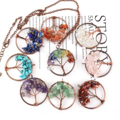 12pcs Mixed Natural Stone Tree Of Life Pendants Crystal Beads Energy Amulet 30mm