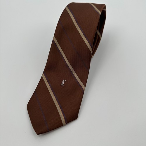 Yves Saint Laurent Necktie Mens Brown Gold Striped Classic Logo 56 inches long