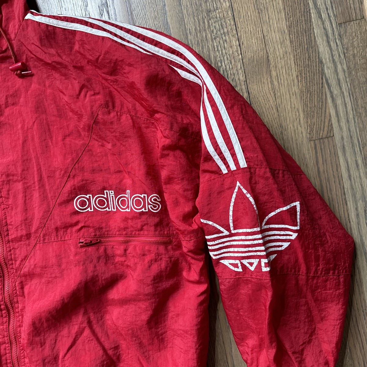 Vintage Adidas Red Puffer Big Logo Full Zip Hooded Jacket Men
