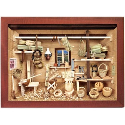 German 3D Wooden Shadow Box Picture Diorama Basket Weaver Weaving Workshop