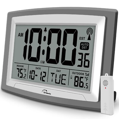 WallarGe Atomic Clock with Outdoor and Indoor Temperature - 12.5 Inch Self-Setti