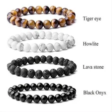 Natural Stone Beaded Elastic Bracelets (Tiger Eye-Hoelite-Lava Stone-Black Onyx)