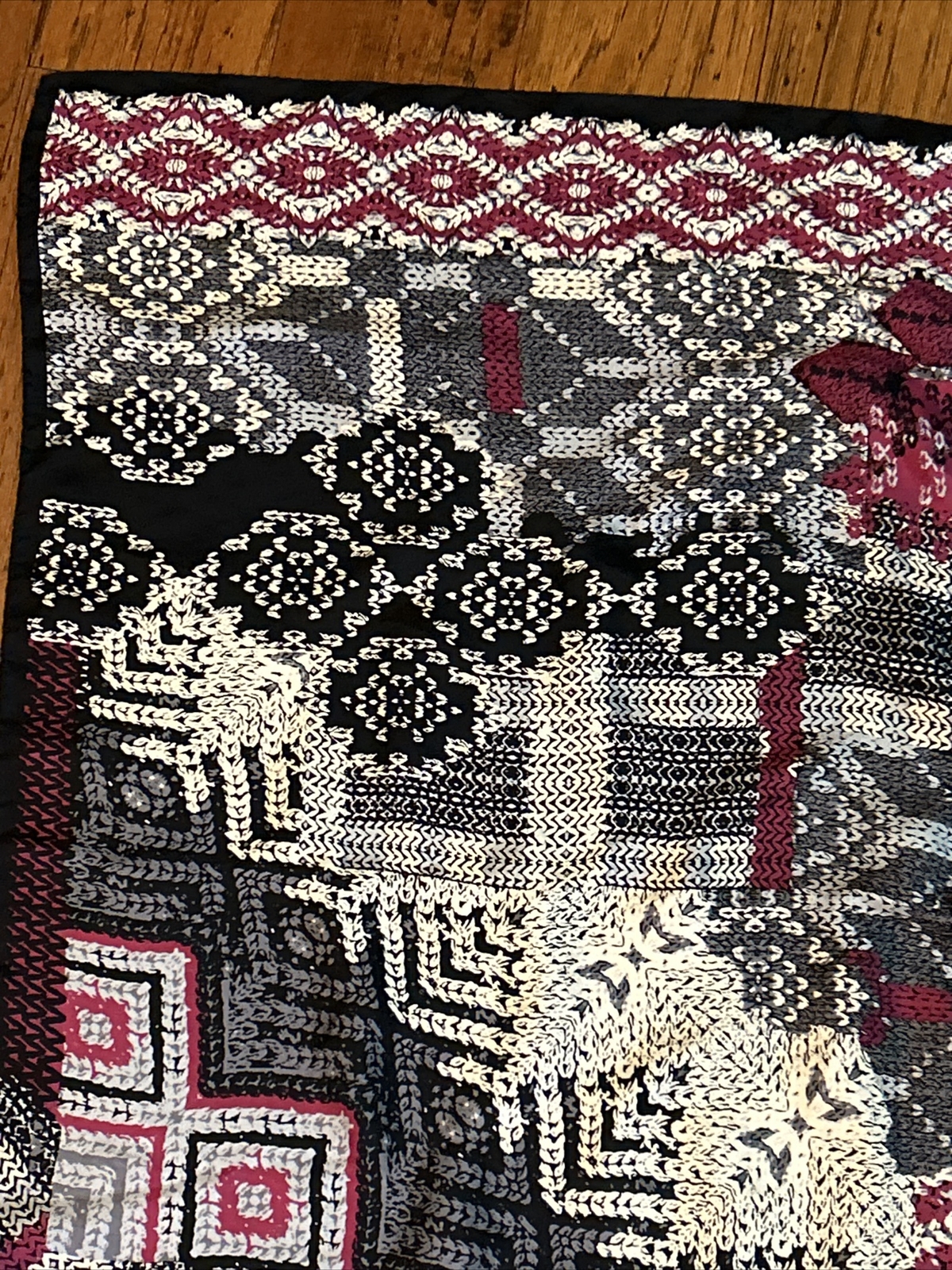 Adrienne Landau Studio 33” Square Luxurious Silk Scarf Black Grey Burgundy