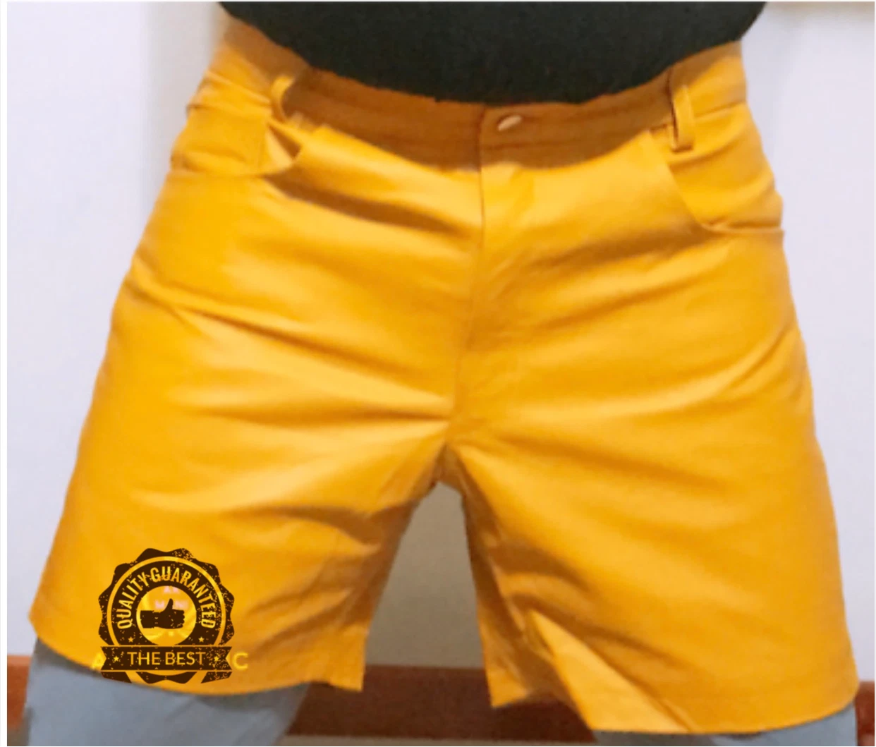 Mens,Cow Leather Shorts Yellow Casual 5 Pocket Short Zipper Fly Real Leather New
