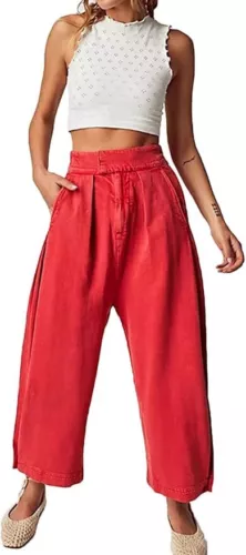Women's Baggy Pants Wide Leg Casual Cotton Ankle Jeans Mid Rise Harem Pants - Picture 18 of 34