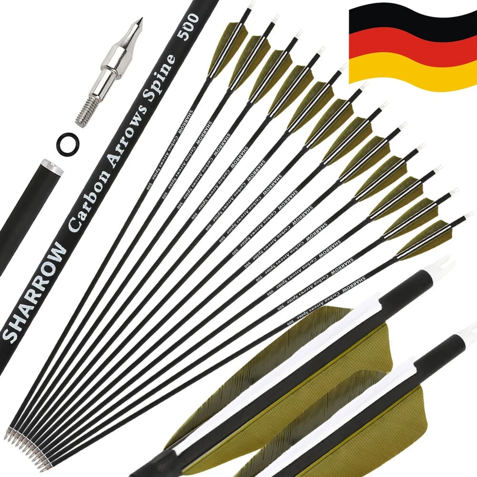 SHARROW 12X Carbonpfeile SP500 Jagdpfeile Naturfedern Bogenschießen Schießen Jagd DE