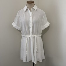 New ZARA Large White Button Down Shirt Dress Woven Tie Belt Short Sleeve