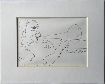 Trombone player cafe art live music ink sketch by living artist 5''x7''