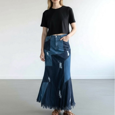 TOUCH ME Patchwork Distressed Denim Jean Maxi Skirt Size large