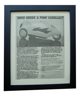 SINCLAIR C5+RETRO VEHICLE+FRAMED 1985 ORIGINAL ADVERT+POSTER+FAST WORLD SHIP