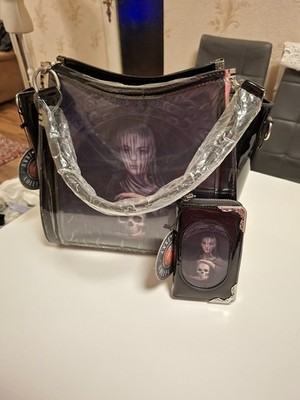 Anne Stokes Collection Schultertasche Schwarz Lackoptik Reißverschluss Gothic