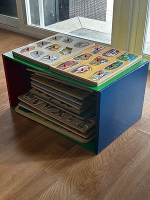 Melissa & Doug Wooden Puzzle Set of 14 with Deluxe Colorful Multi-Shelf Storage