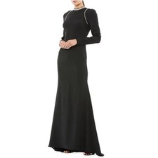Mac Duggal Ieena NEW Jeweled Elegant Jersey Sheeth Long Sleeve Gown Black 16