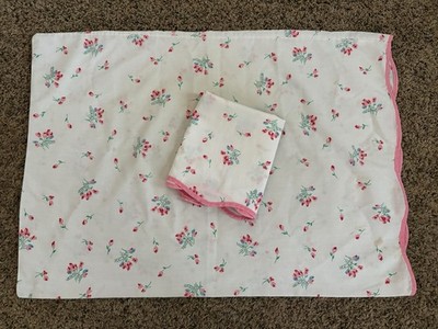 Vintage Pillowcase Set Dan River No Iron Percale Rosebuds Scalloped Pink Trim