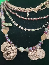 Charming Charlie Multi Strand layered GOLD, Amber, Reds, Coins 40" Necklace Xmas