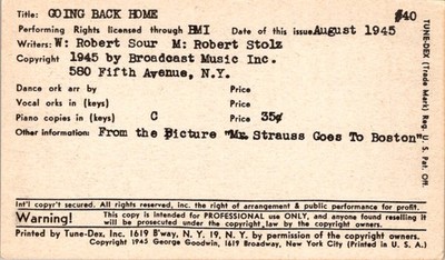 Tune-Dex ''Going Back Home'' Lead Sheet Chord Chart BMI 1945 Broadway Musical