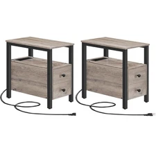 Set of 2 End Tables with Charging Station, Narrow Side Table with Drawers & U...