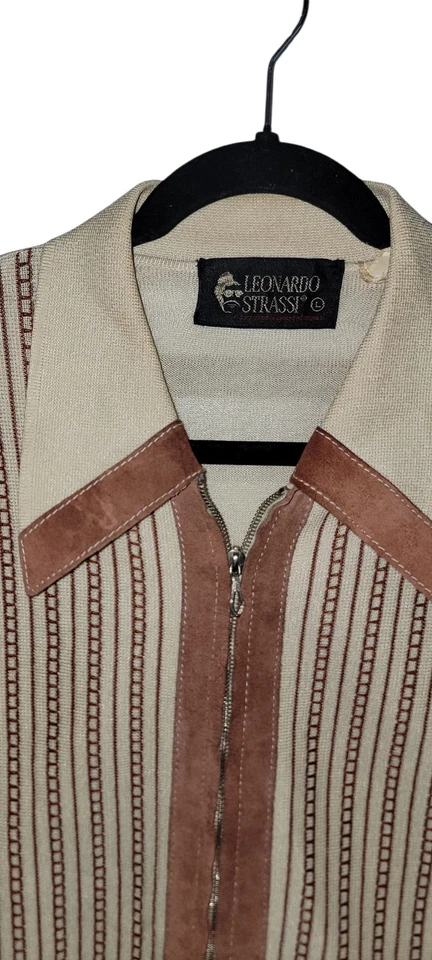 Vtg 70s Leonardo Strassi Sz L Men's Brown Leather Stripe Italian Knit Polo Shirt - Image 3 of 4