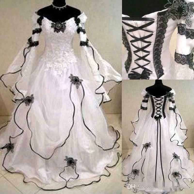 Vestidos de novia góticos línea A mangas largas vestidos de novia blanco y negro personalizados  Foto 2 de 4