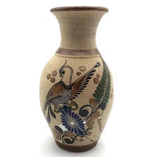 Mexican Tonala Pottery Vase Folk Art Bird Flowers Hand Painted Signed Sandstone