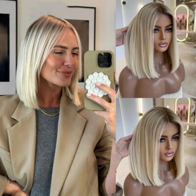 Ombre Blonde Human Hair 4x4 Lace Front Wig Short Bob Pixie Cut Wig Pre Plucked