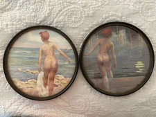 VINTAGE FRAMED PIN UP GIRLS SKINNY DIPPING WALL ART 1930'S-1940'S