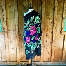 TASSELED  FRINGE 40  s 40s Vintage Black Rayon Crepe HUGE Piano Shawl Wrap Scarf