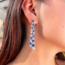 Royal Blue Heart Zircon Crystal Long Drop Earrings Silver Plated Wedding Jewelry