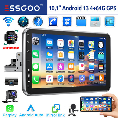 DVR 4+64G Android 13 Autoradio Carplay GPS Navi 1DIN 360° Drehbar Bildschirm Kam