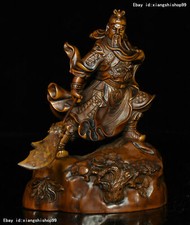 6" Old Chinese Boxwood Wood Carved Famous Dragon Warrior Guan Gong Yu God Statue