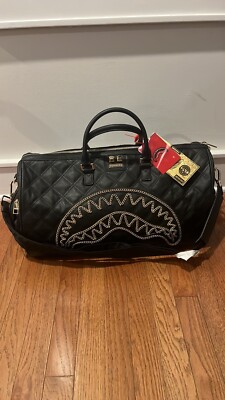 NWT Sprayground Noir Quilt Gold Chain Shark Leather Duffle Bag Black