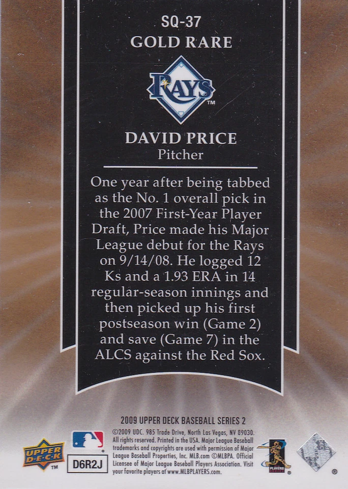 David Price ROOKIE CARD Starquest GOLD VERSION INSERT RC Baseball Tampa Bay Rays - Image 2 of 2