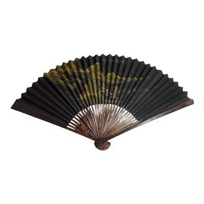 Handcrafted Black & Gold Asian Oriental Folding Fan Scenic Landscape Design 18''