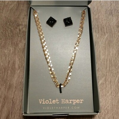 Violet Harper Isla Layered Necklace & Earrings Set NWT Gold and Black