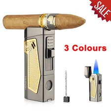 Torch Lighter Windproof Cigar Lighter 4 Jet Flame Refillable w/ Punch and Stand