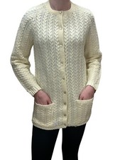 S M NOS Vtg 60s Cable Knit Cardigan Cream Tunic Sweater POCKETS Sherry Gale