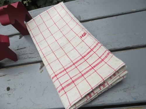 German Antique Large Handwoven Linen Towel Red Stripes Dish Cloth 25 " by 26 " - Picture 2 of 5