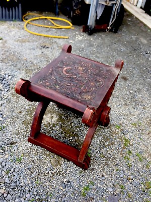 Vintage Oriental Asian Leather Seat Wood Frame  Stool Chair