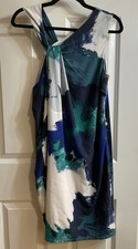 H by Halston Women’s One-Shoulder Dress – Size Large – Teal Navy Abstract Print
