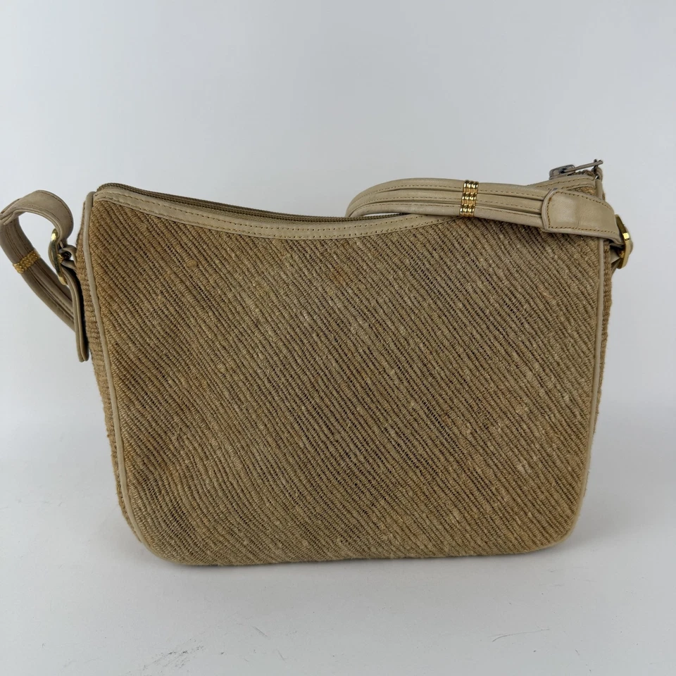 Bolsa tiracolo feminina vintage Morris Moskowitz ombro tecido bronzeado anos 80 - Imagem 2 de 4