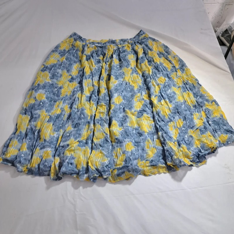 Nine West Women's XXL Blue Yellow Crinkle Pleated Tiered Skirt Lined Midi