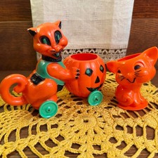 Vintage Halloween Hard Plastic Cat & JOL on Wheels & Small Cat Tico Toys/Rosbro