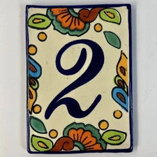 Mexican Talavera Hacienda Tile Address House Number 2 Two Floral 4x5.5”