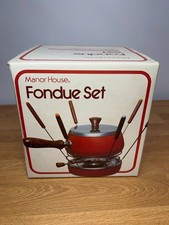 Vintage Manor House Fondue Set Red Enamel Pot w/ Forks NOS Open Box