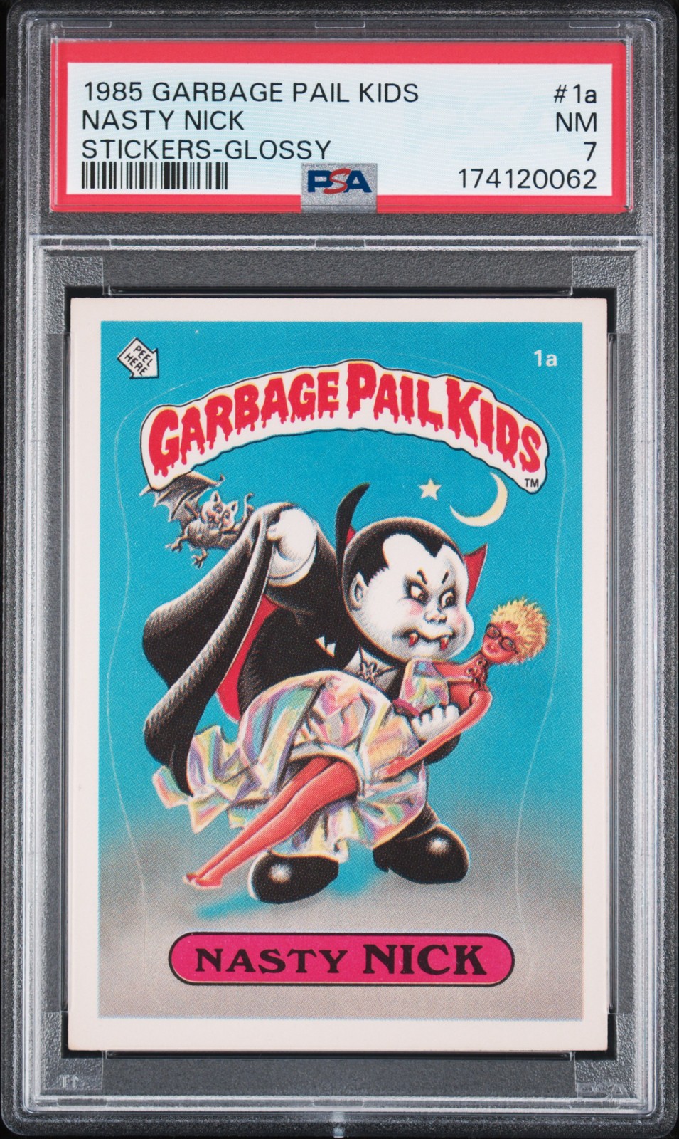 1985 GARBAGE PAIL KIDS STICKERS GLOSSY #1A NASTY NICK PSA 7