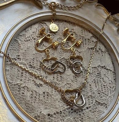 Vintage Courreges Heart Necklace Earrings Set Two Tone Gold Silver Logo Japan