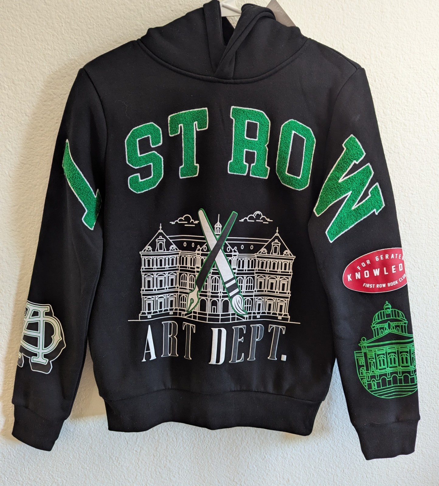 Felpa con cappuccio prima fila grafica ricamata art taglia XL nero verde rosso bianco