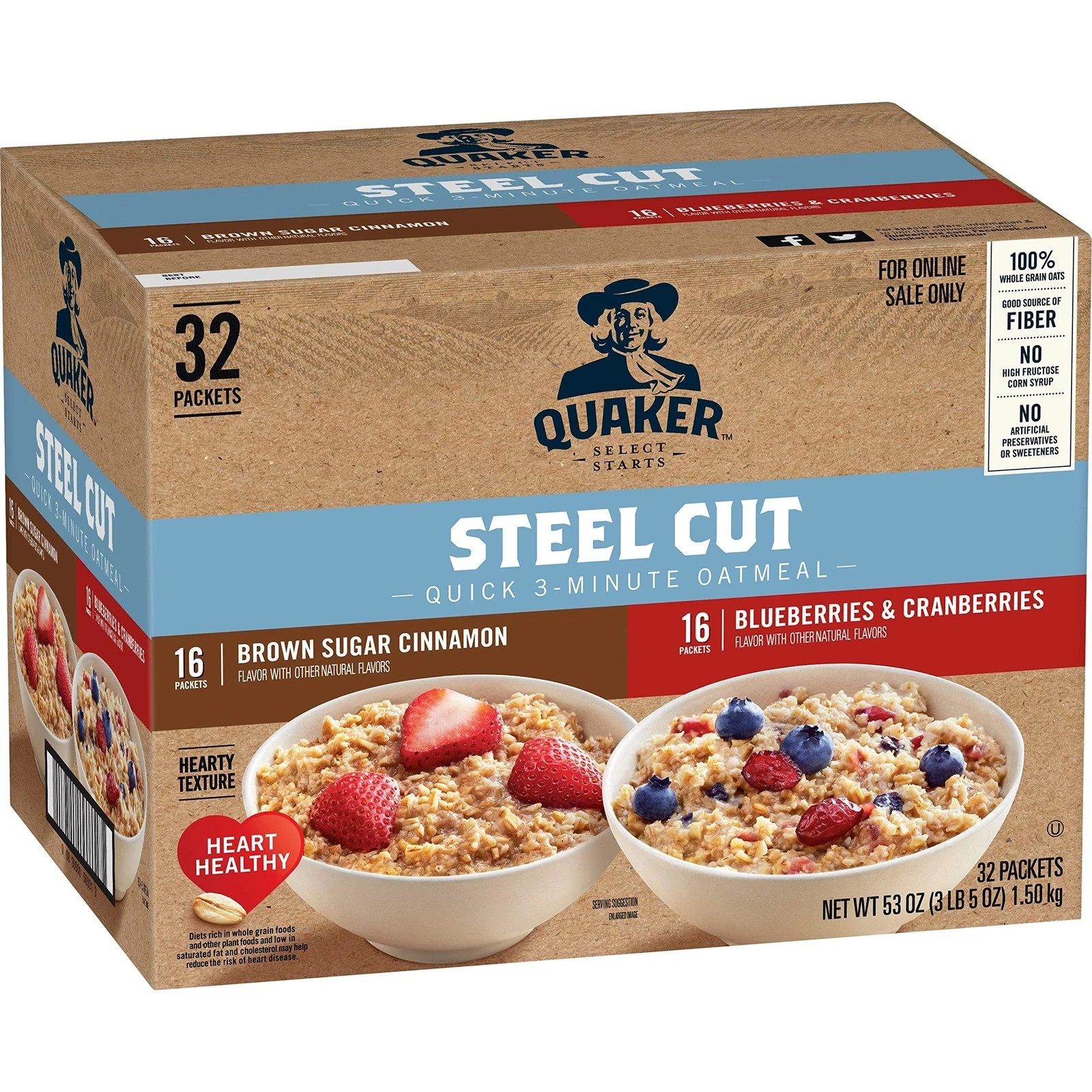 Quaker Steel Cut Quick 3-Minute Oatmeal, 2 Flavor Variety Pack, Individual Pa...