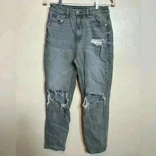 American Eagle AEO Women's Mom Jeans Gray Ripped Distressed Size 4